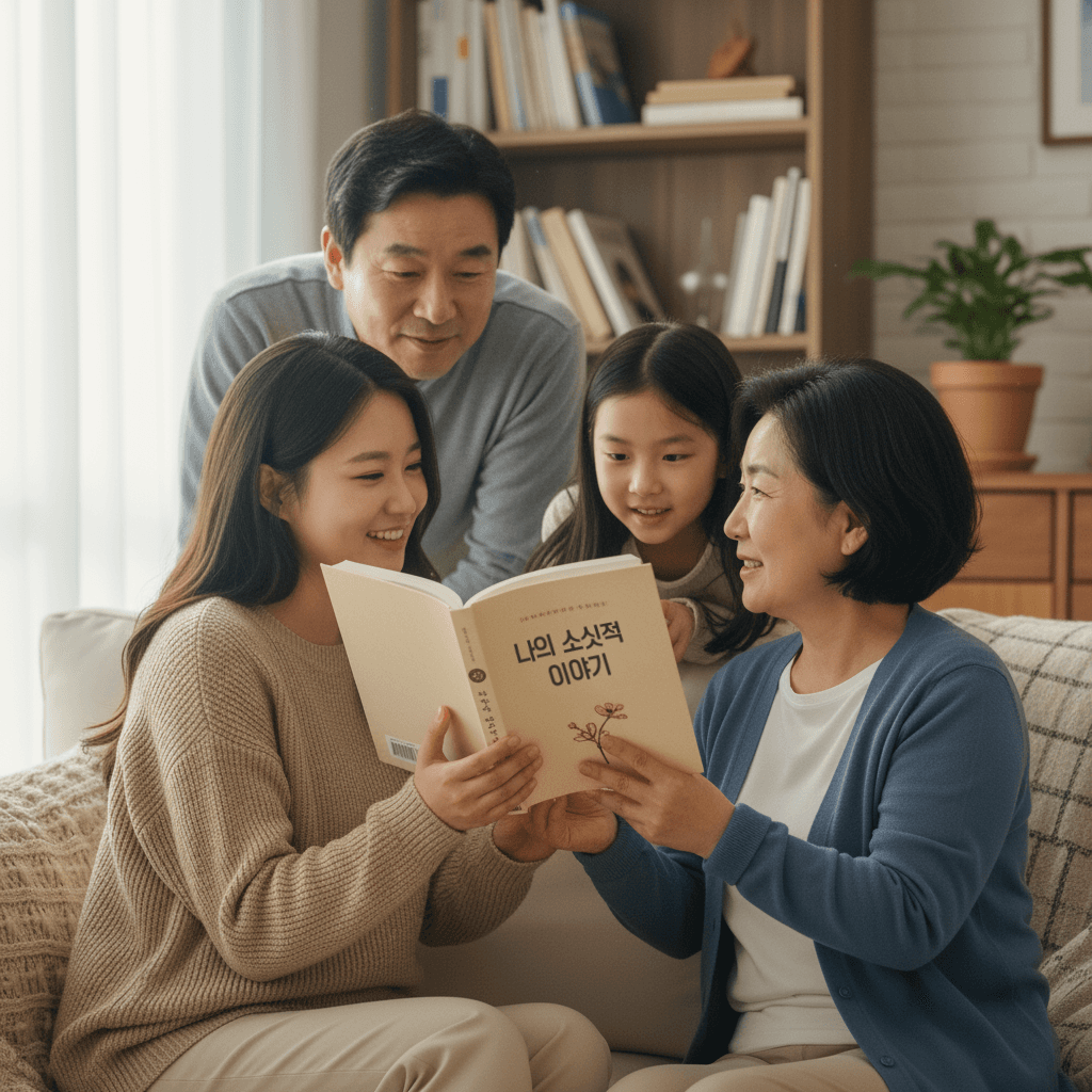 가족이 함께 자서전을 읽는 따뜻한 장면